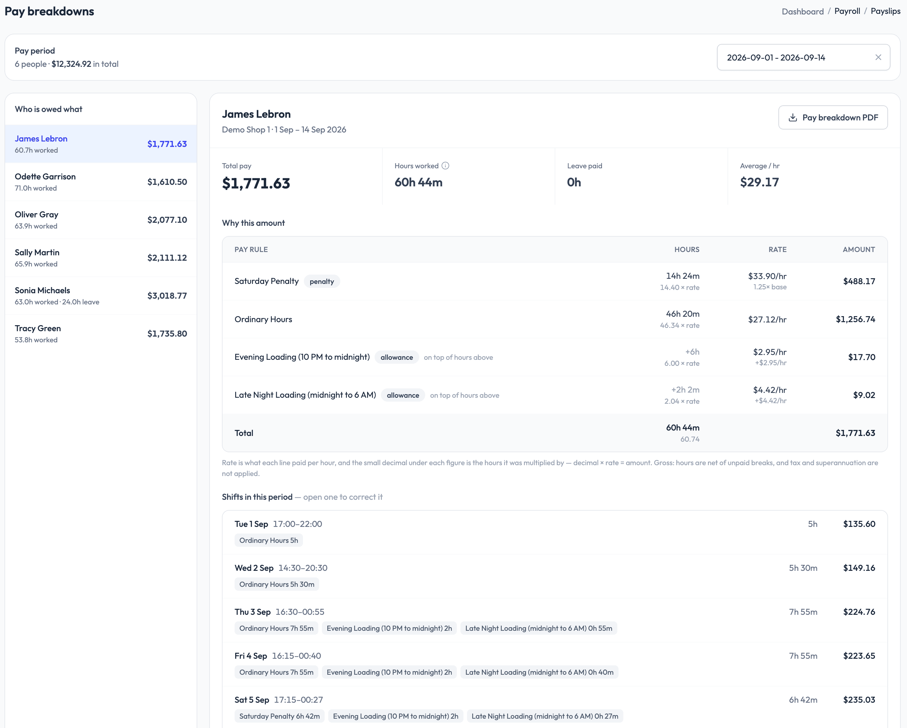 Dowoomi pay run summary by employee