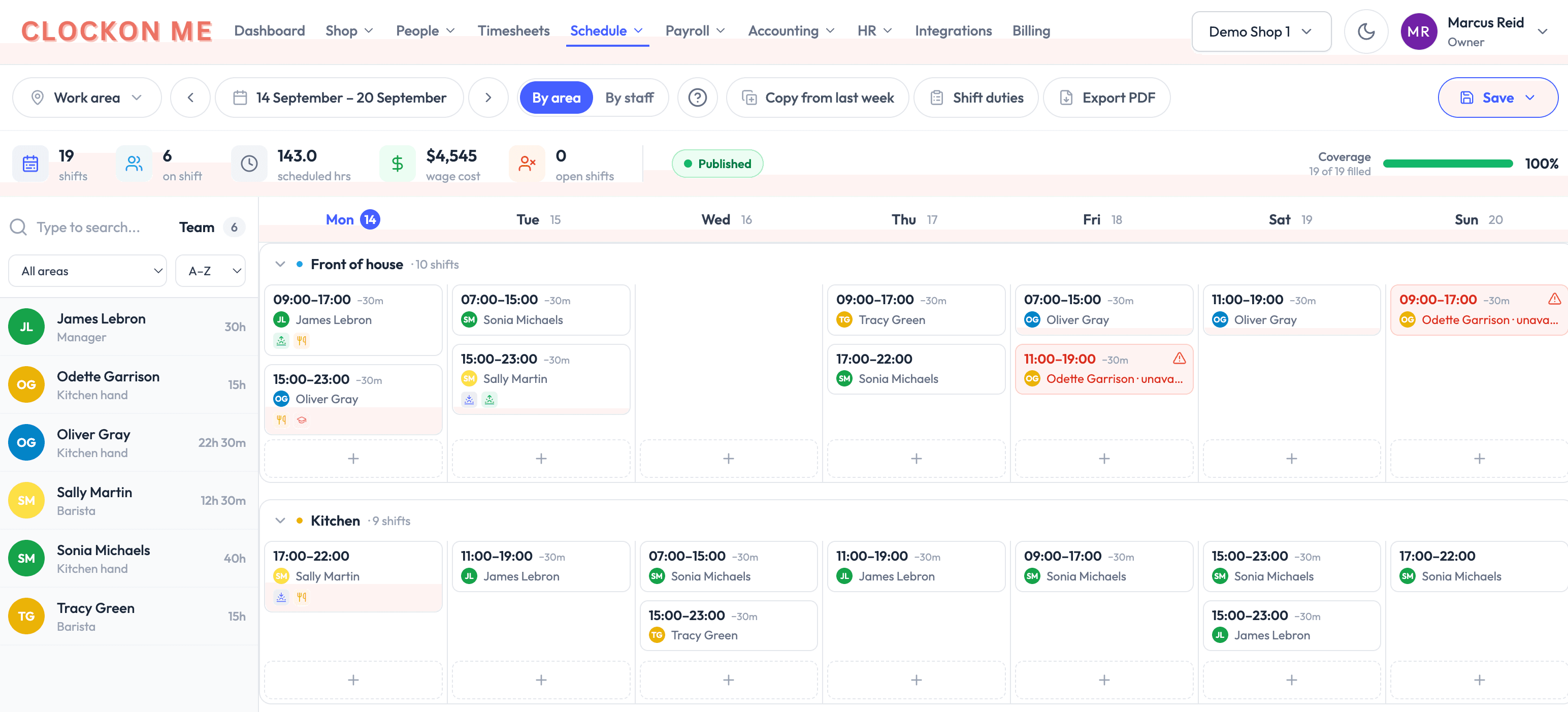 Dowoomi weekly roster with wage cost