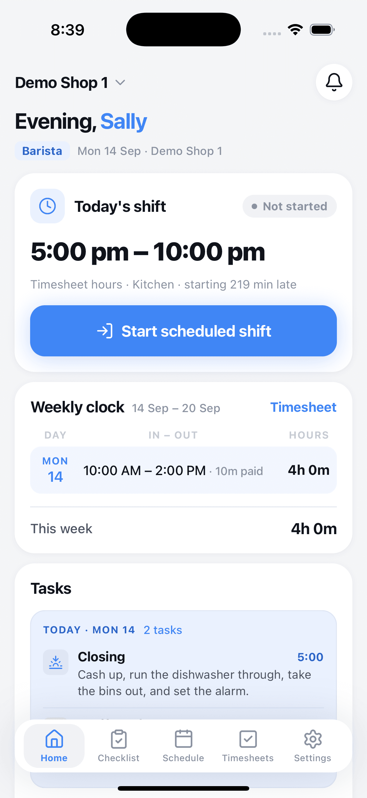 The Dowoomi employee app, ready to clock in